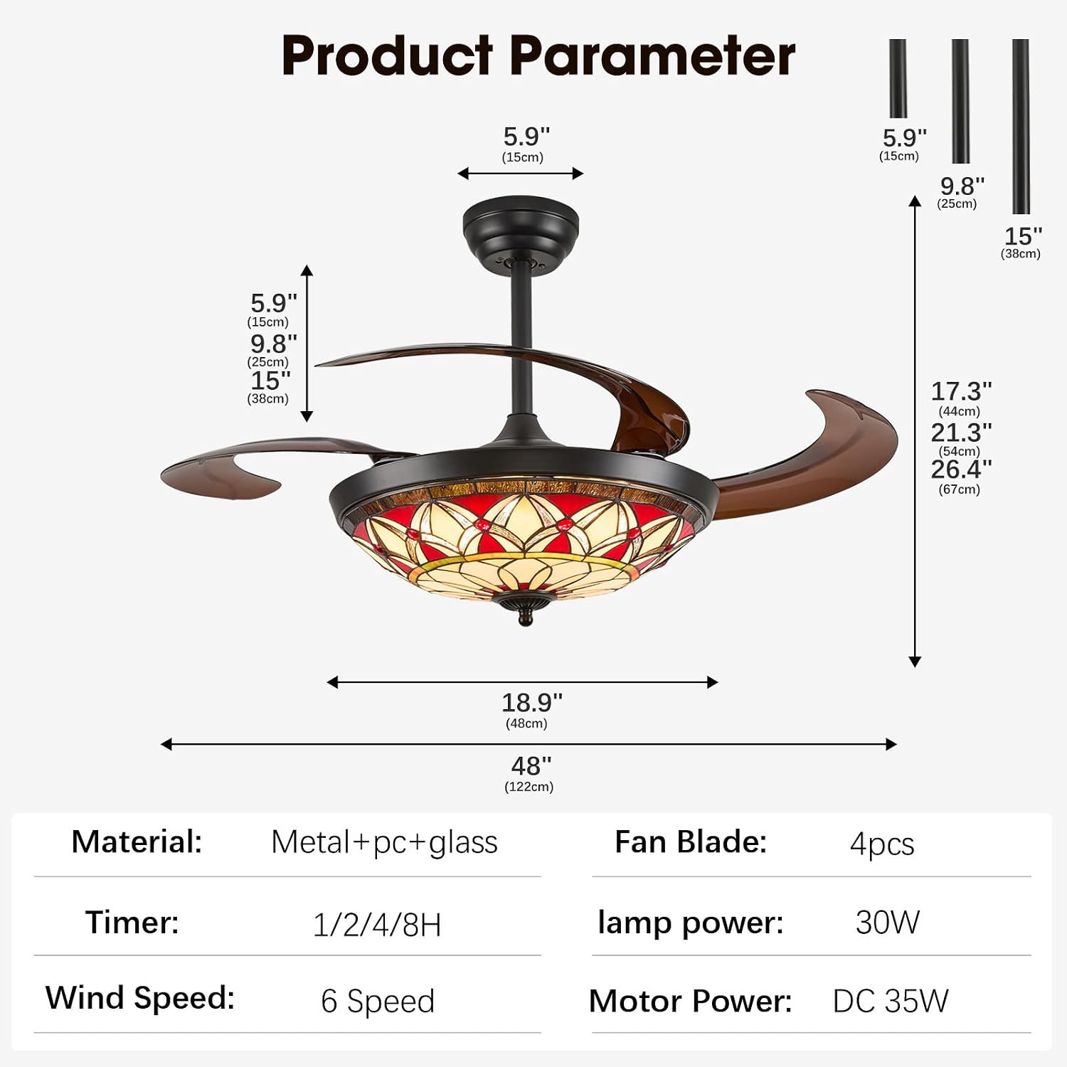Ceiling Fan with Light - 48" Retractable Ceiling Fan with Remote, 4 Hidden Blade