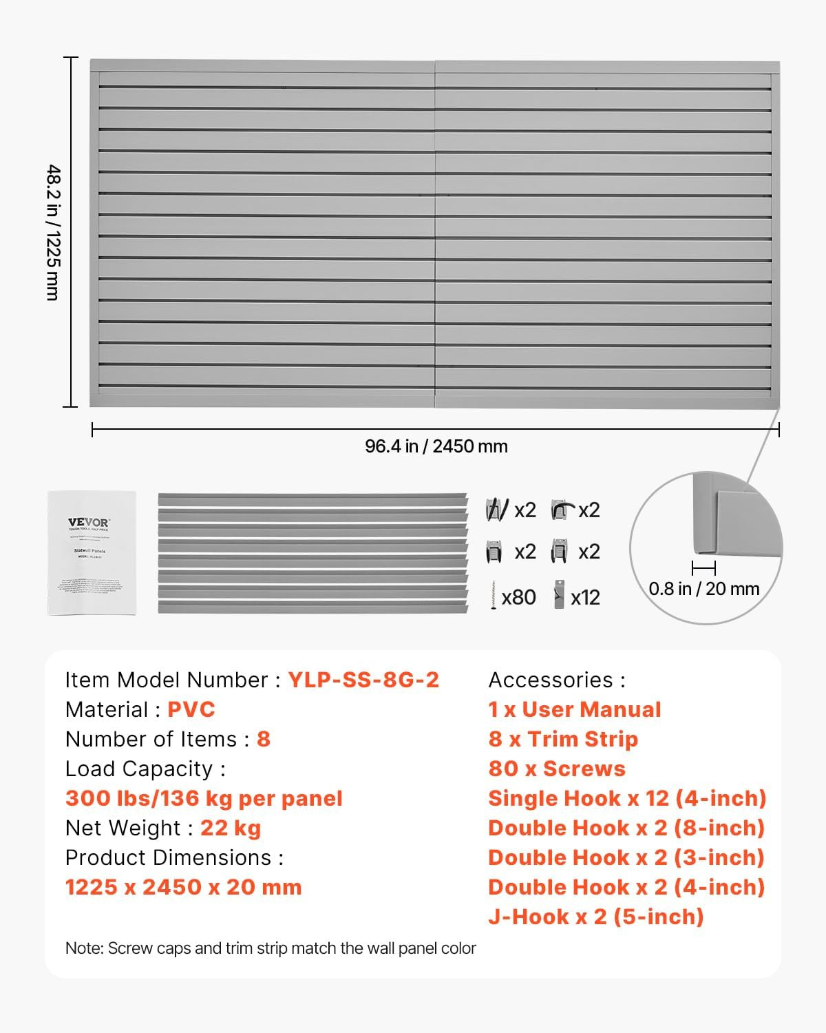 Adjustable 8x4 Ft Grey PVC Slat Wall Panel for Garage Storage & Display