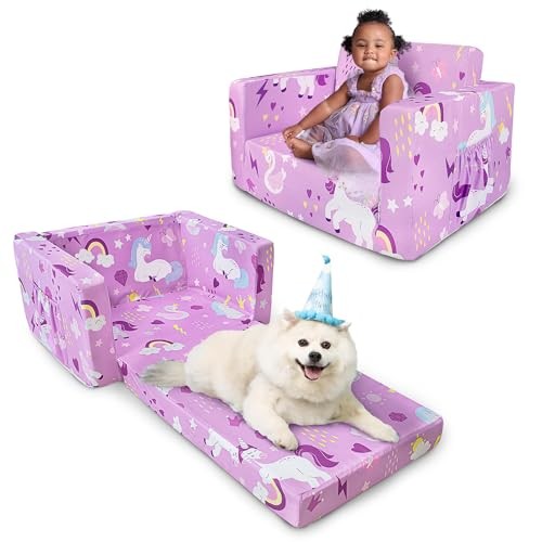 Kids Couch, 2-in-1 Toddler Sofa Fold Out, Soft Toddler Chair for Purple Unicorn