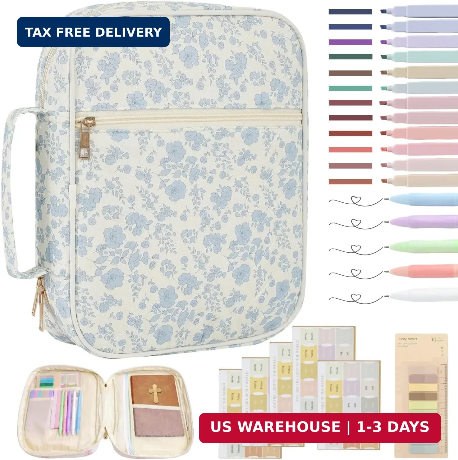 Large Bible Case – Blue Floral Quilted Cover w/ Durable Handle
