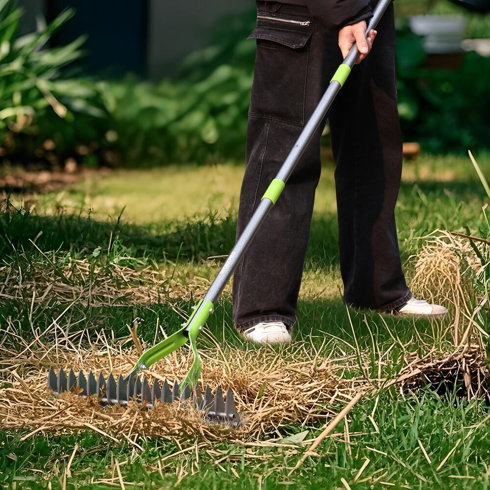 WORKPRO 15" Thatching Rake Heavy Duty Dethatcher Rake 5FT Handle Adjustable Head