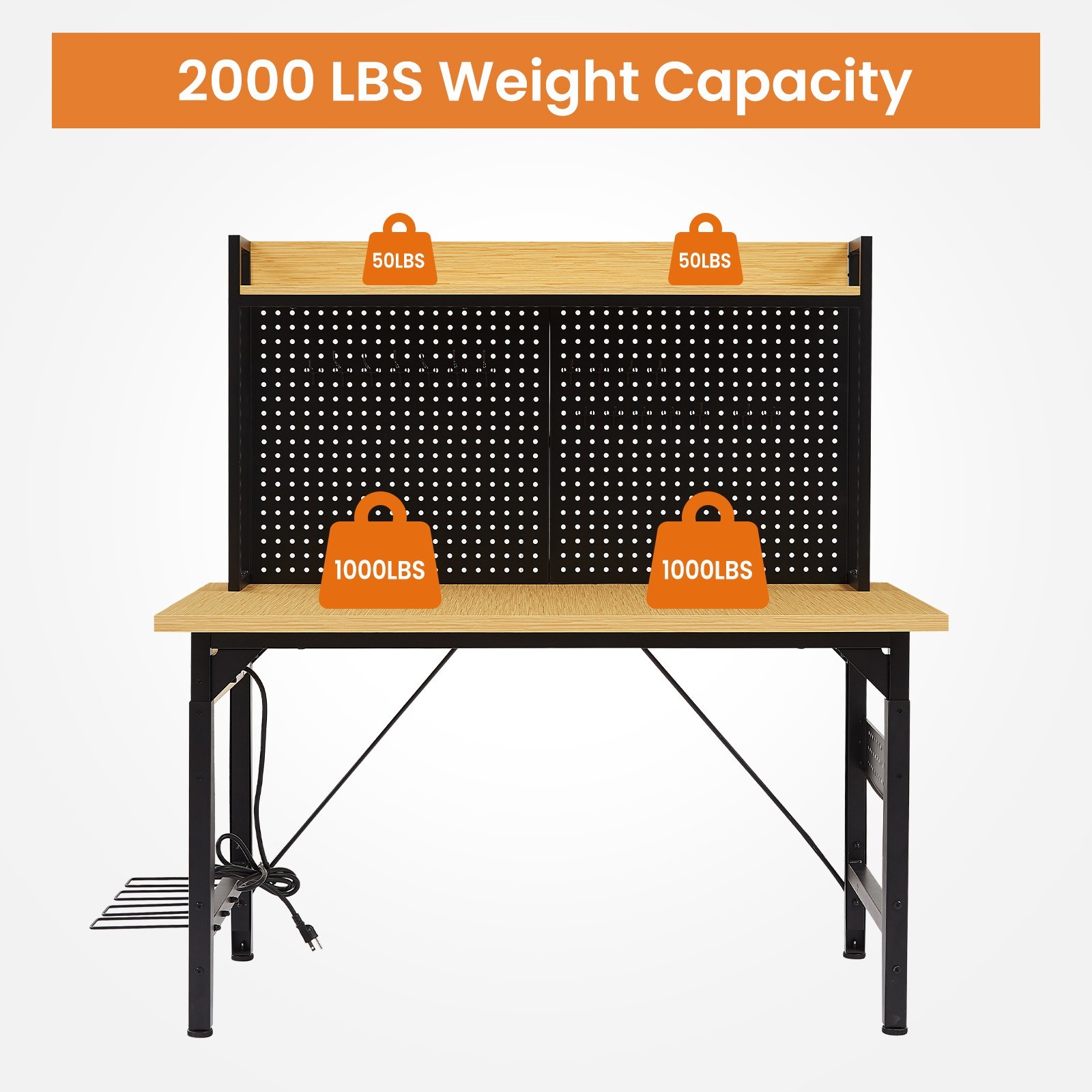 48''Adjustable Workbench with pegboard, Heavy Duty Wooden Desktop