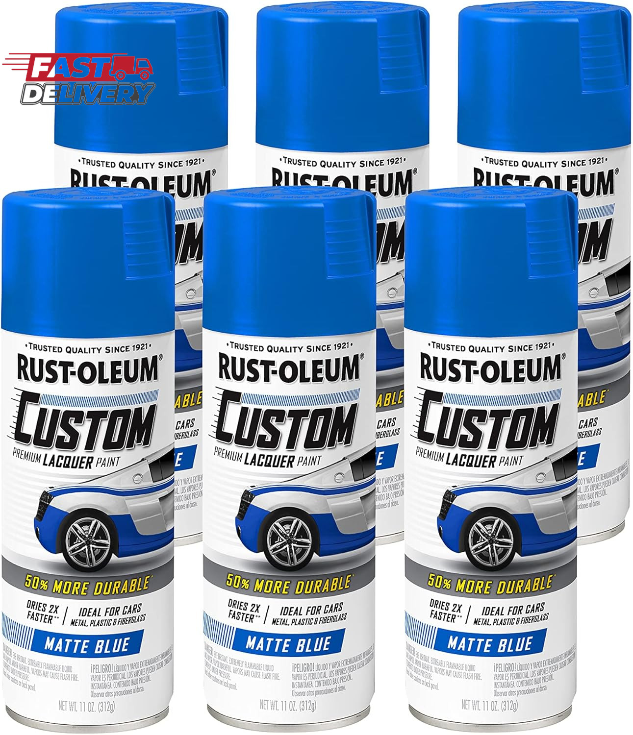 Rust-Oleum 311485-6PK Automotive Custom Lacquer Spray Paint, 11 Oz, Matte Blue,