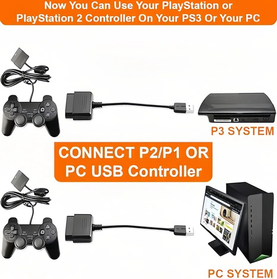 USB PS2 To PS3 Converter Cable Game Controller Adaptor For Sony PlayStation 2 3