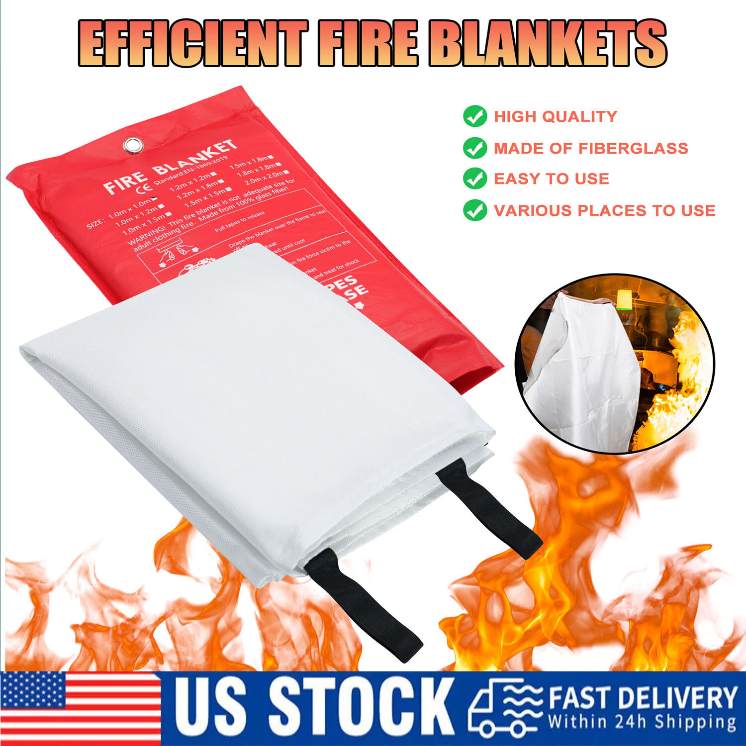 4 PACK FIRE BLANKET Fiberglass Hero Emergency Home Retardant Prepared 39''x39''