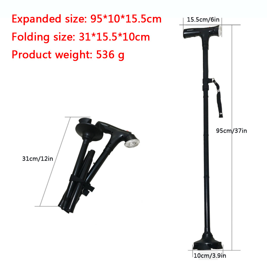 Elder Folding Walking Stick Walking Cane Height Adjustable Torch LED Light Alarm