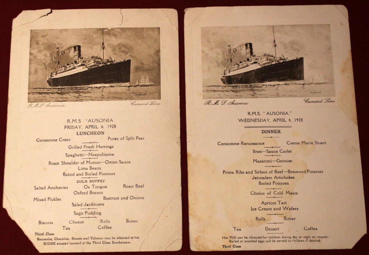 Rare RMS Ausonia 1928 Lunch & Dinner Menus + Original Passenger Picture !
