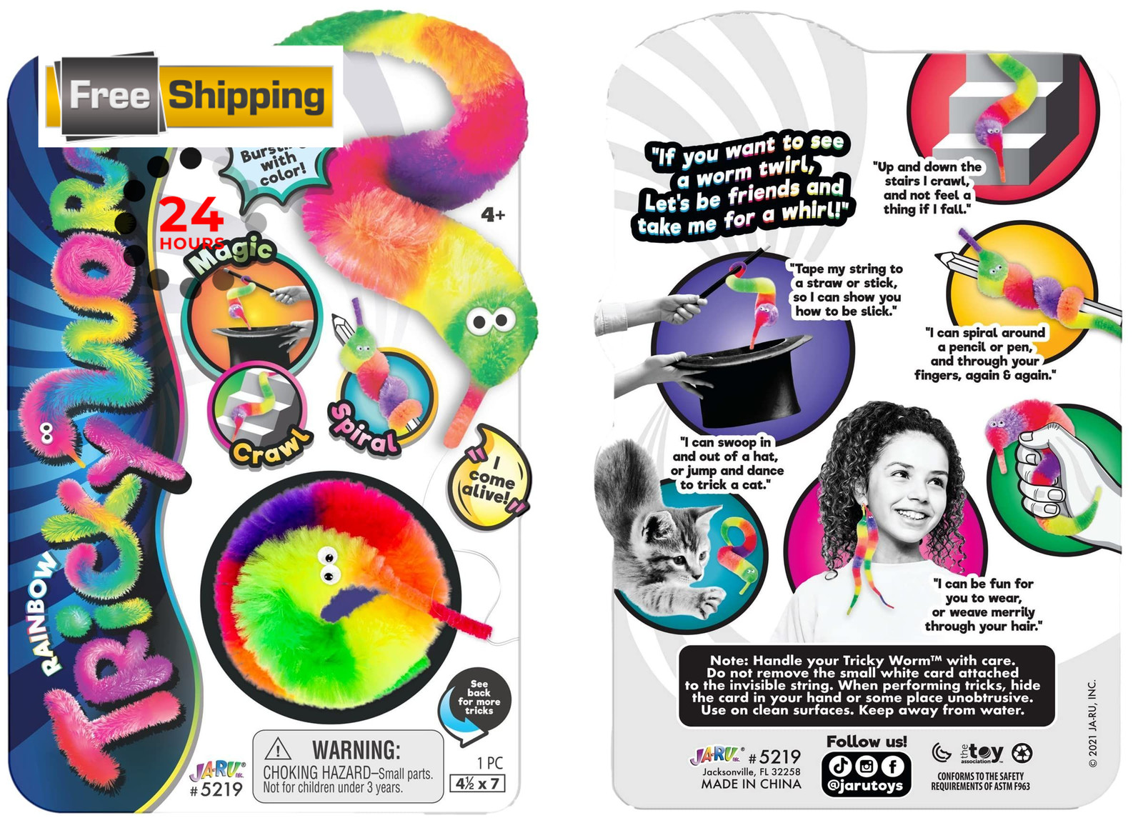 JA-RU Fuzzy Worm Fidget Toy with String Attached (1 Pack) 1 Pack, Multicolor
