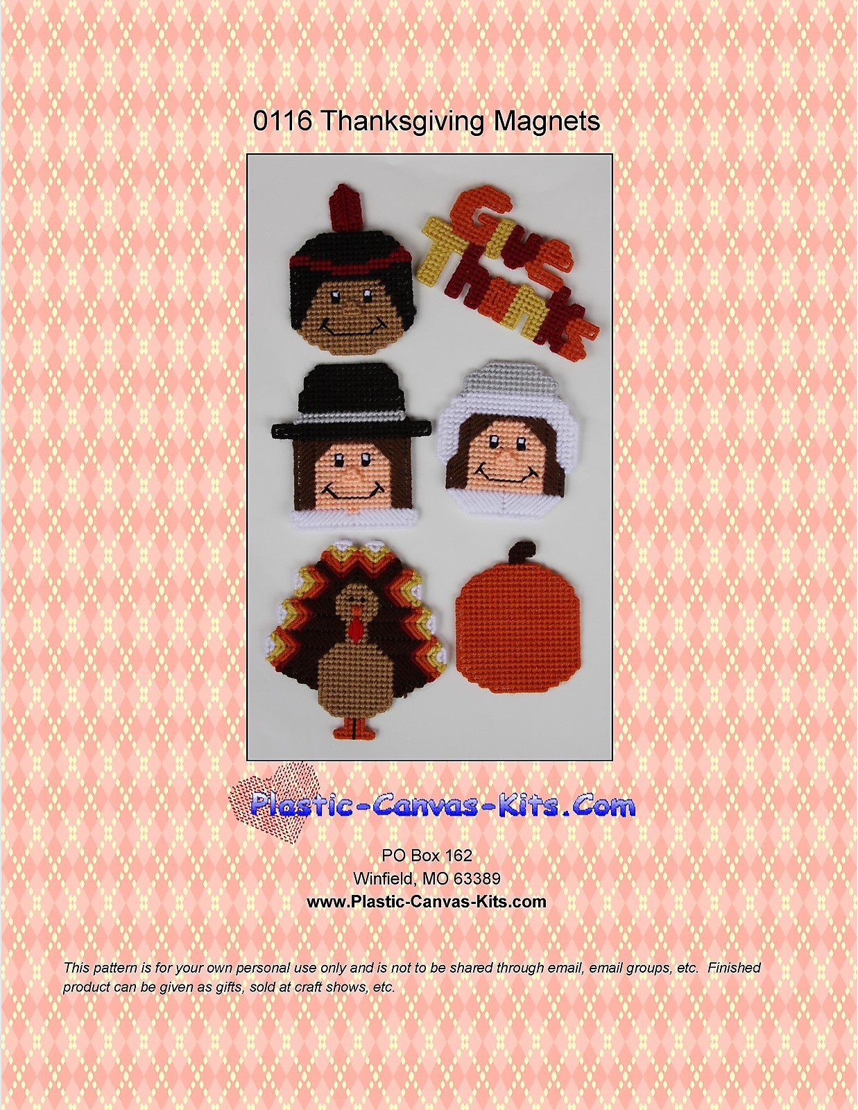 Thanksgiving Magnets-Pilgrim, Indian, Turkey--Plastic Canvas Pattern or Kit