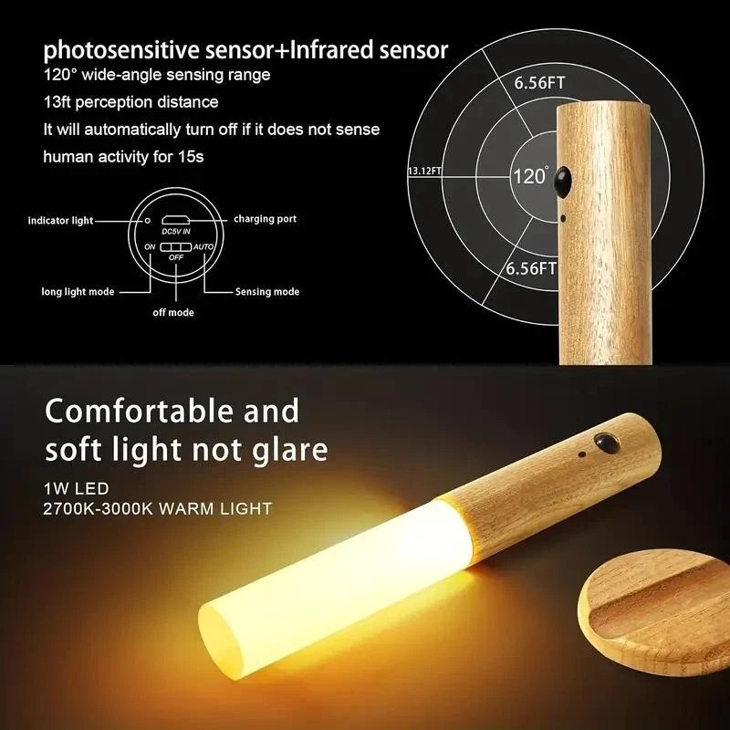 3Pcs Motion Sensor LED Night Light Magnetic Wall Lamp USB Rechargeable Stick-On