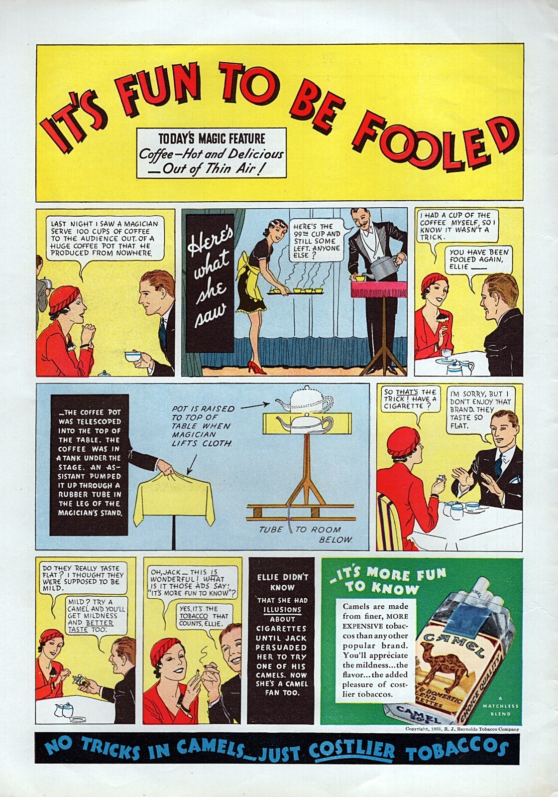 1933 Camel Cigarettes Magic Show Cartoon Original Color Print Ad