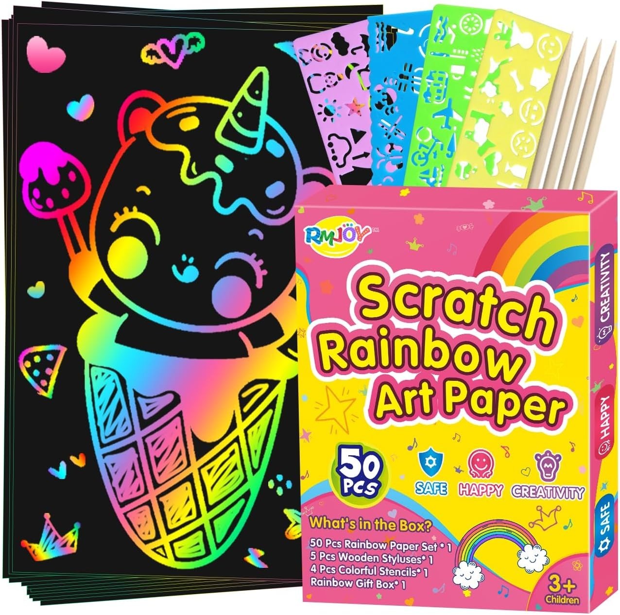 Creative Rainbow Scratch Art Set - 50 Scratch Papers with Stencils for Ages 3-12