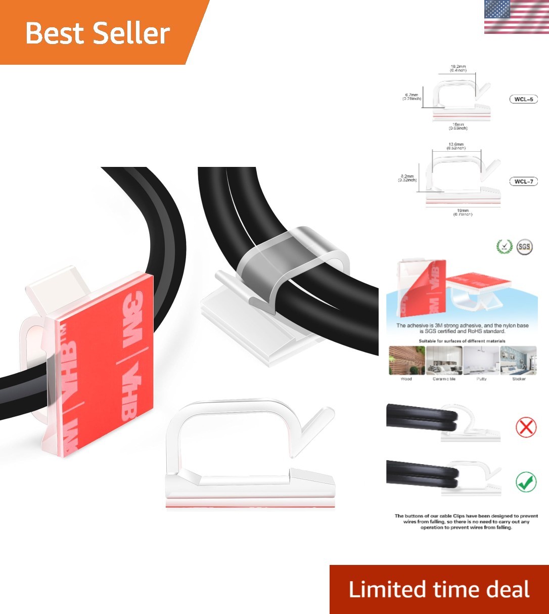60 PCS Adhesive Cable Wire Clips - Perfect for Indoor & Outdoor Use