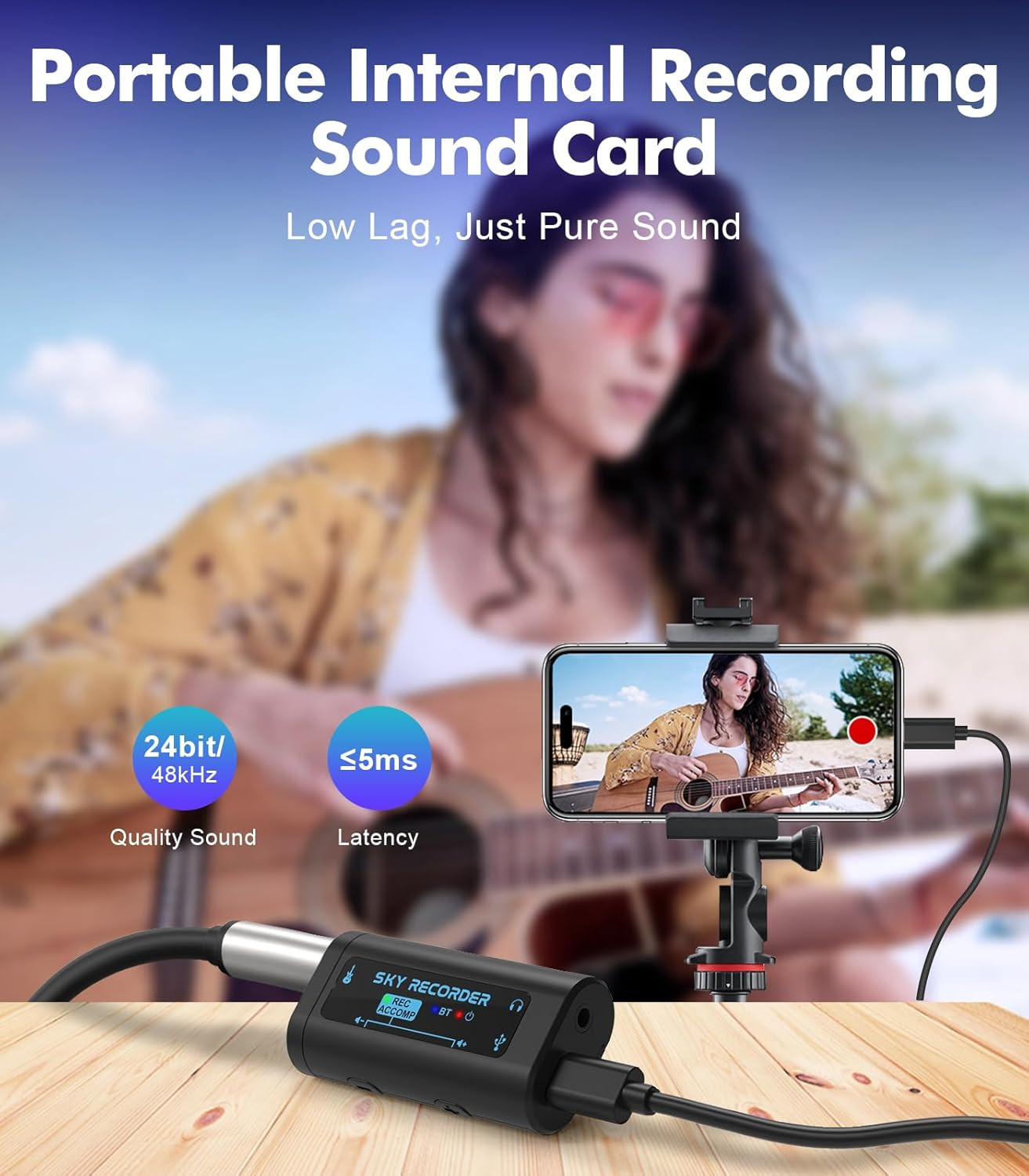Guitar Audio Interface Pocket Internal Recording Sound Card with Bluetooth, Inte