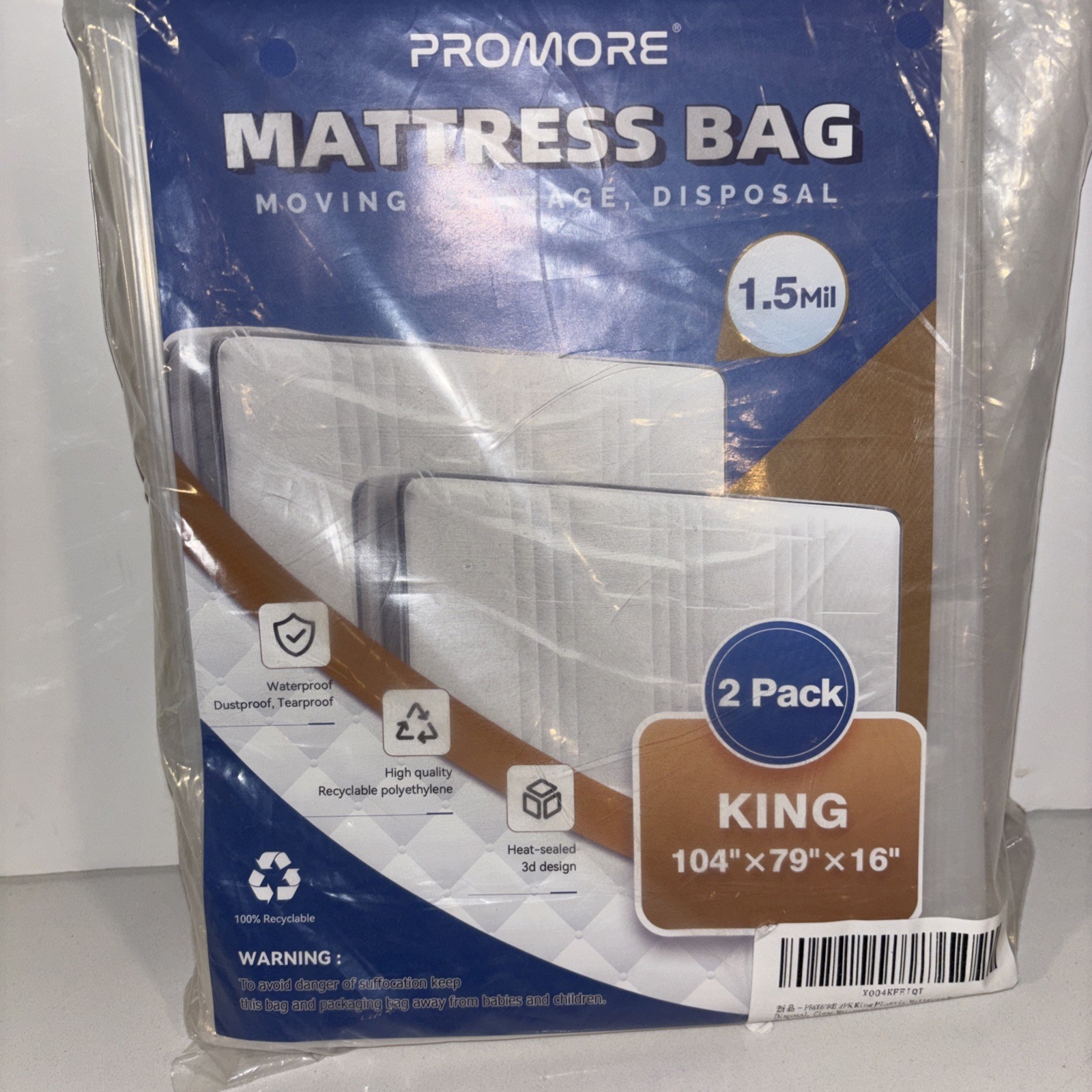 2PK Mattress Bag for Disposal Moving or Storage, Plastic Waterproof KING
