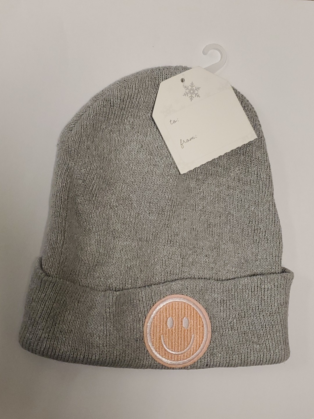 Kids Winter Smiley Face Ribbed Beanie Gray with Pink Smiley, BRAND NEW with tag