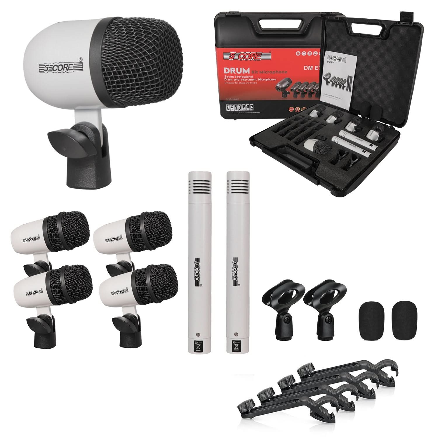 5 Core Drum Microphone Kit 7Pc All Metal Drummer Mics Tom/Snare & Cymbals Wired