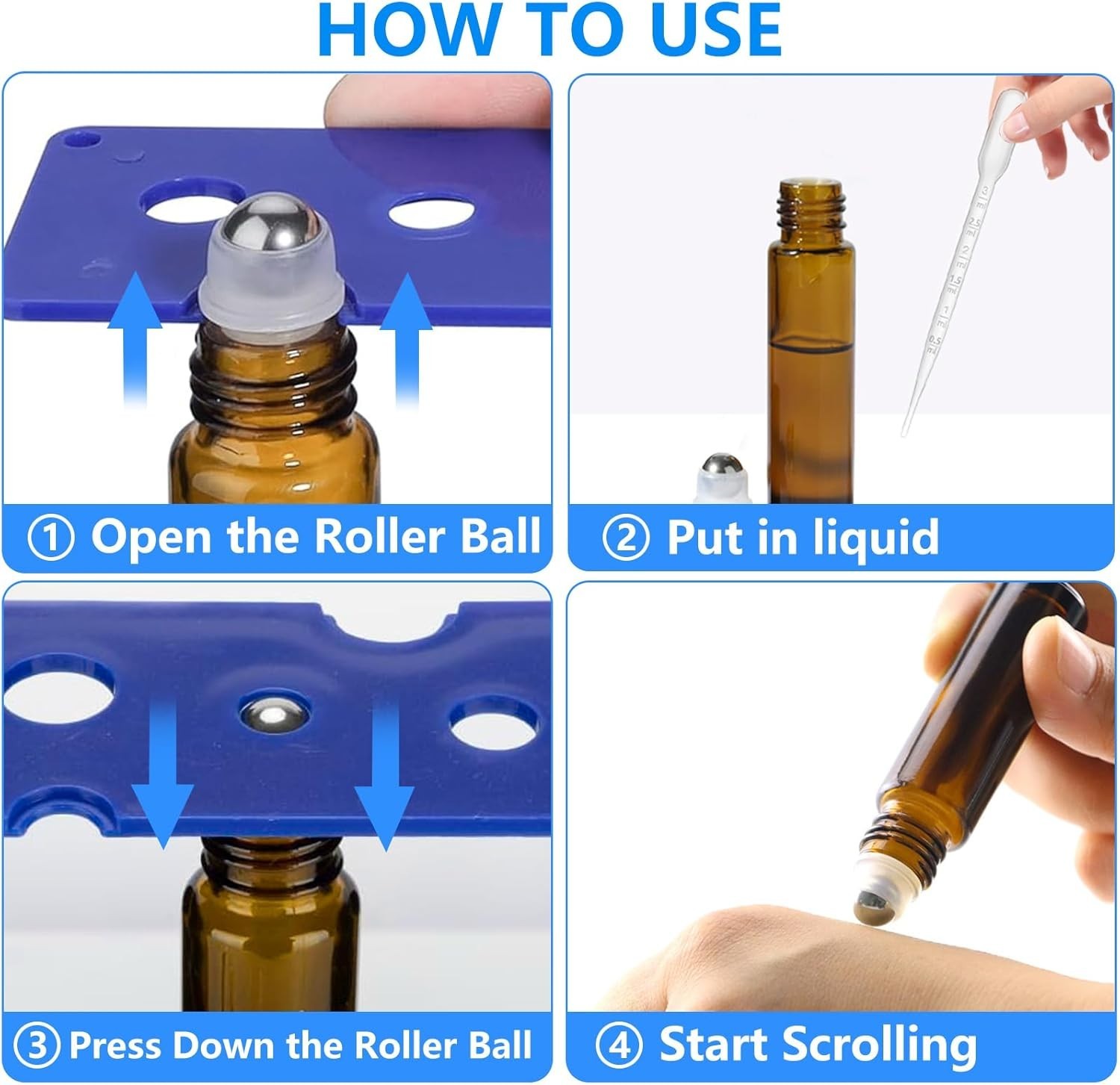4 Pack Refillable Amber Glass Essential Oil Roller Bottles 10ml Leak-Proof