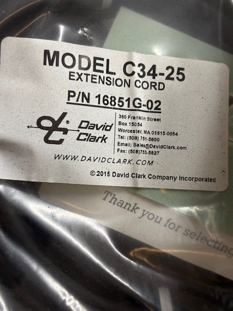 16851G-02 DAVID CLARK ENTENSION CORD C34-25