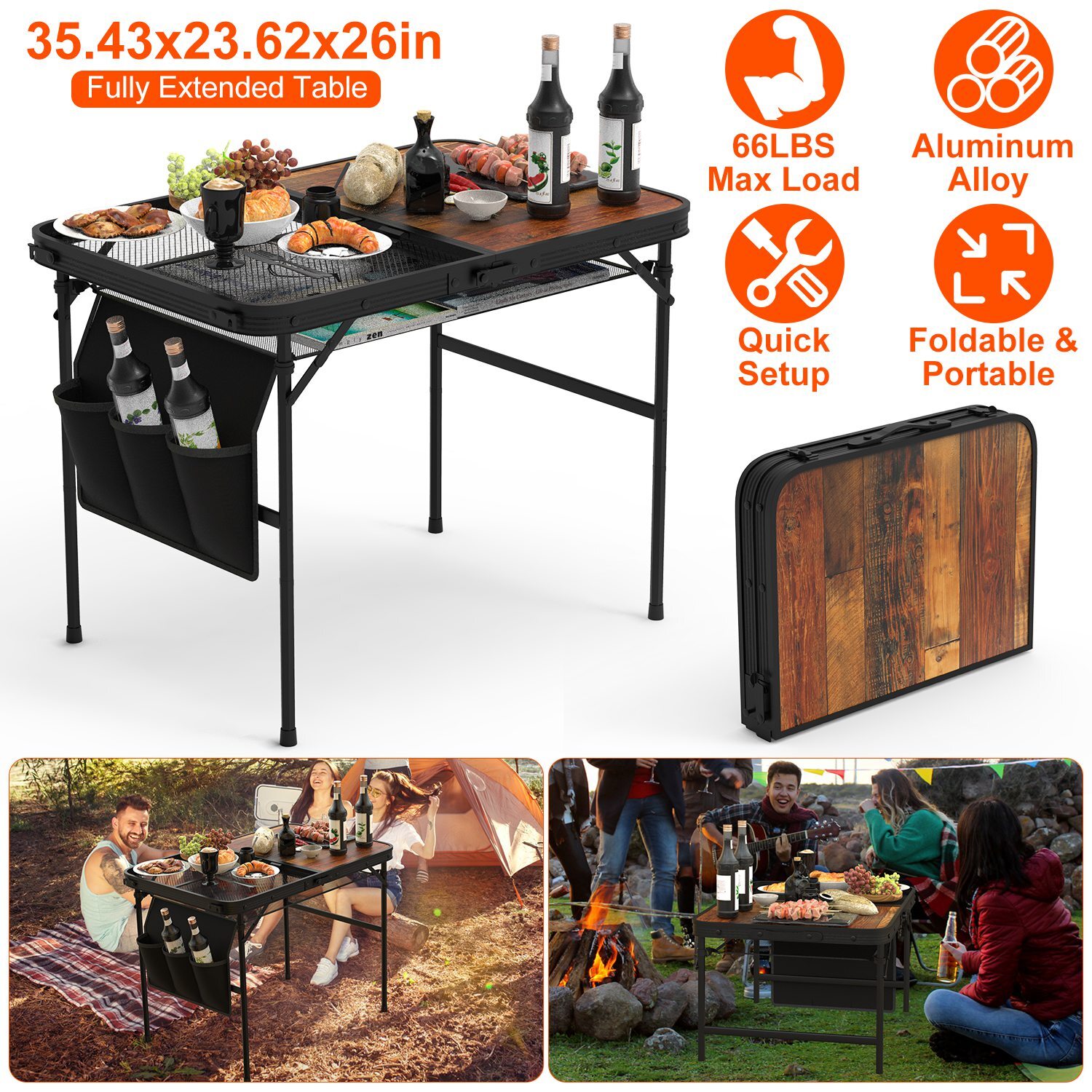 Outdoor Picnic Table Folding Camping Table with Extra Hanging Storage Net