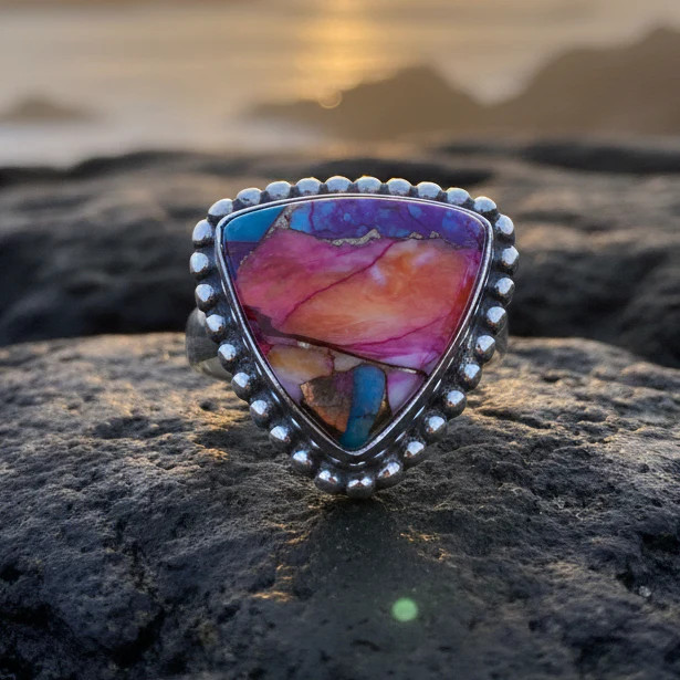 Ladies Statement Ring Boho Spiny Oyster Turquoise Large Wiccan Pagan Ring 925
