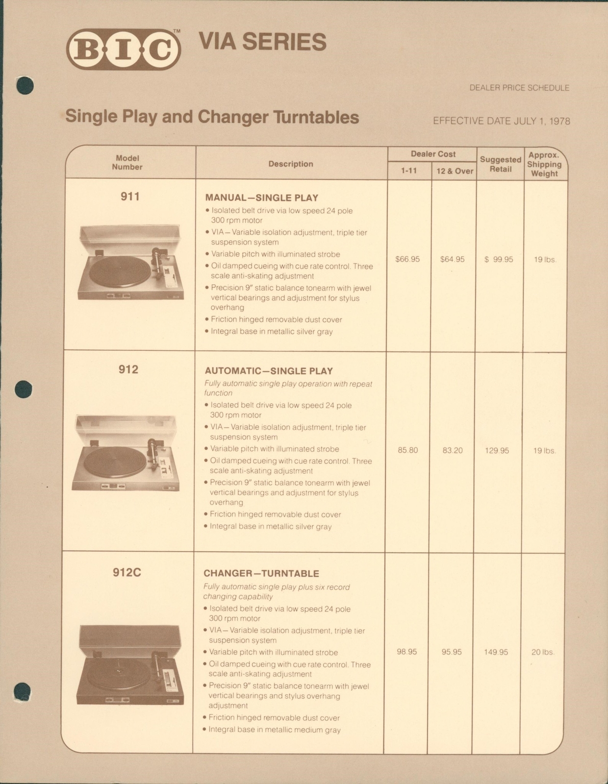 1978 BIC VIA Turntable Series Original Dealer Brochure 9 Models HiFi Stereo