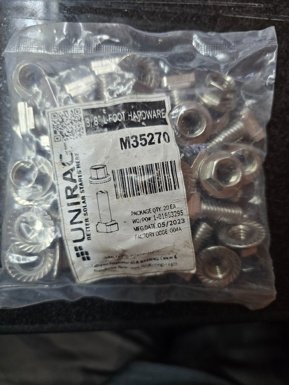 Unirac M35270 Solar Mount Bonding T-Bolt & Nut, 3/8" x 3/4", SS. 1 Ea. 20 Pack