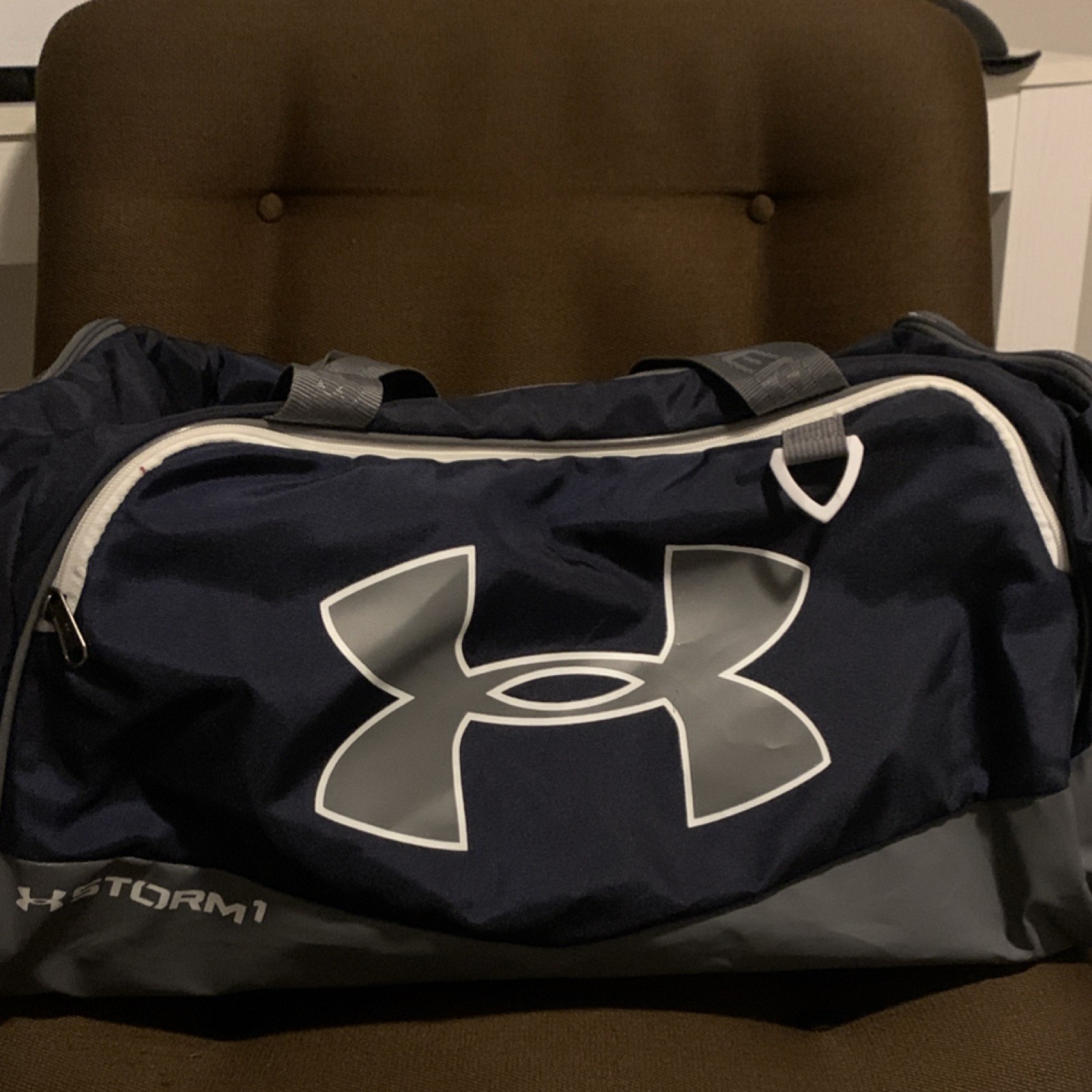 Under Armour Storm1 Duffel Gym Bag Navy Gray Polyester Inner Outer Pockets Zip