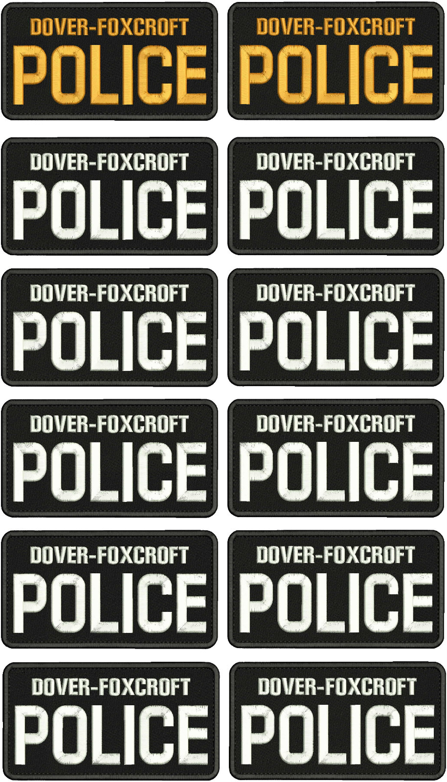 D - FOXCROFT POLICE EMB PATCHES 4X8 HOOK ON BACK GOLD  WHITE ON BLACK