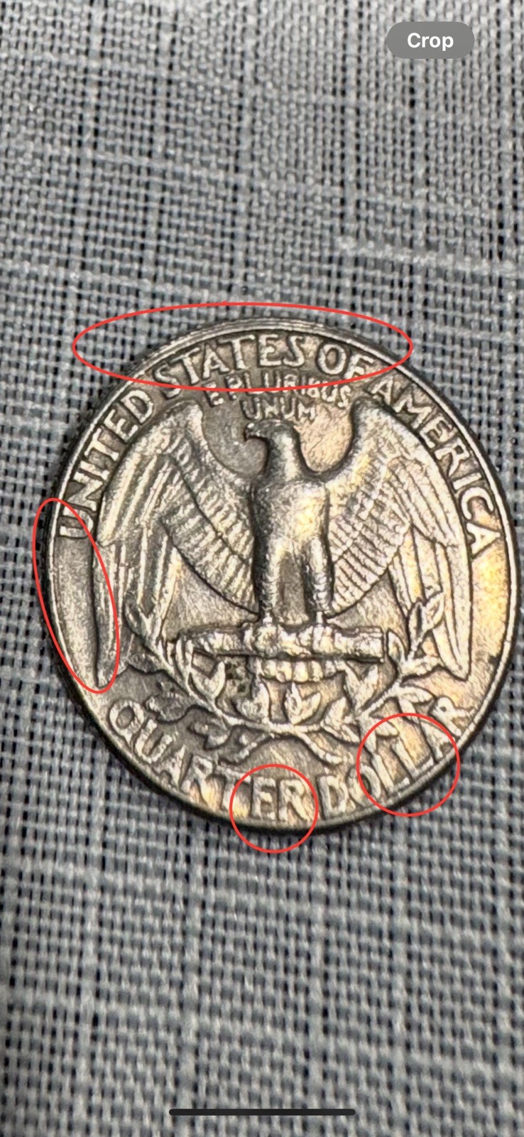 1987 D Washington Quarter 3 Errors. On Reverse 3rd Wing. Grease Error