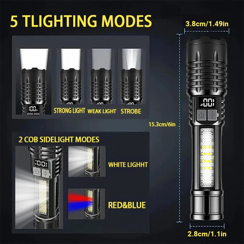 990000000 Lumen Super Bright LED Tactical Flashlight Rechargeable LED Work Light