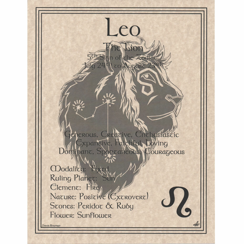 Leo Zodiac Sign Poster 8.5 x 11" Parchment Print Page Star Sign Astrology