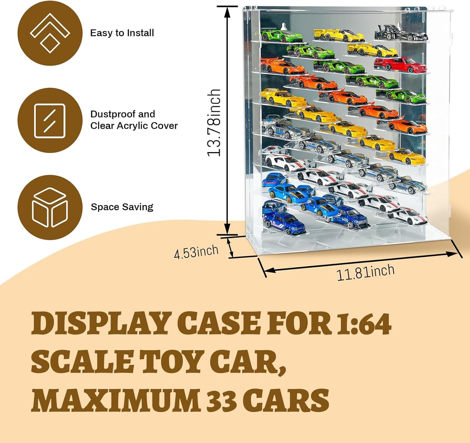Car Display Case 33 Pc Acrylic LED Light Mirrored Wheels Model 1/64 Diecast Rack