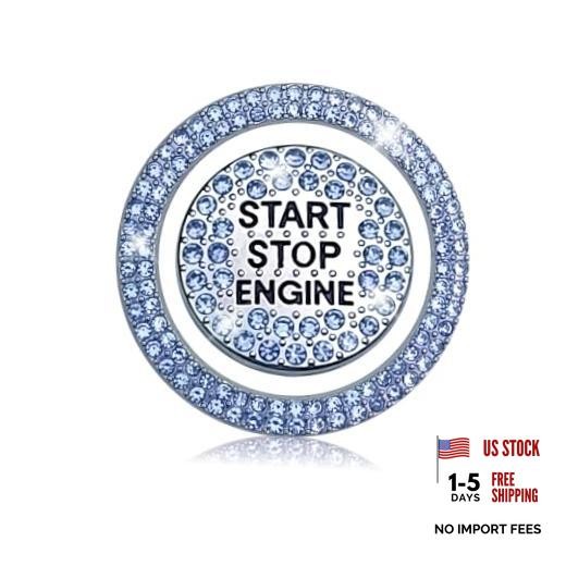 2 PCS Bling Rhinestone Push Start Button Cover, Crystal Sparkling Engine blue