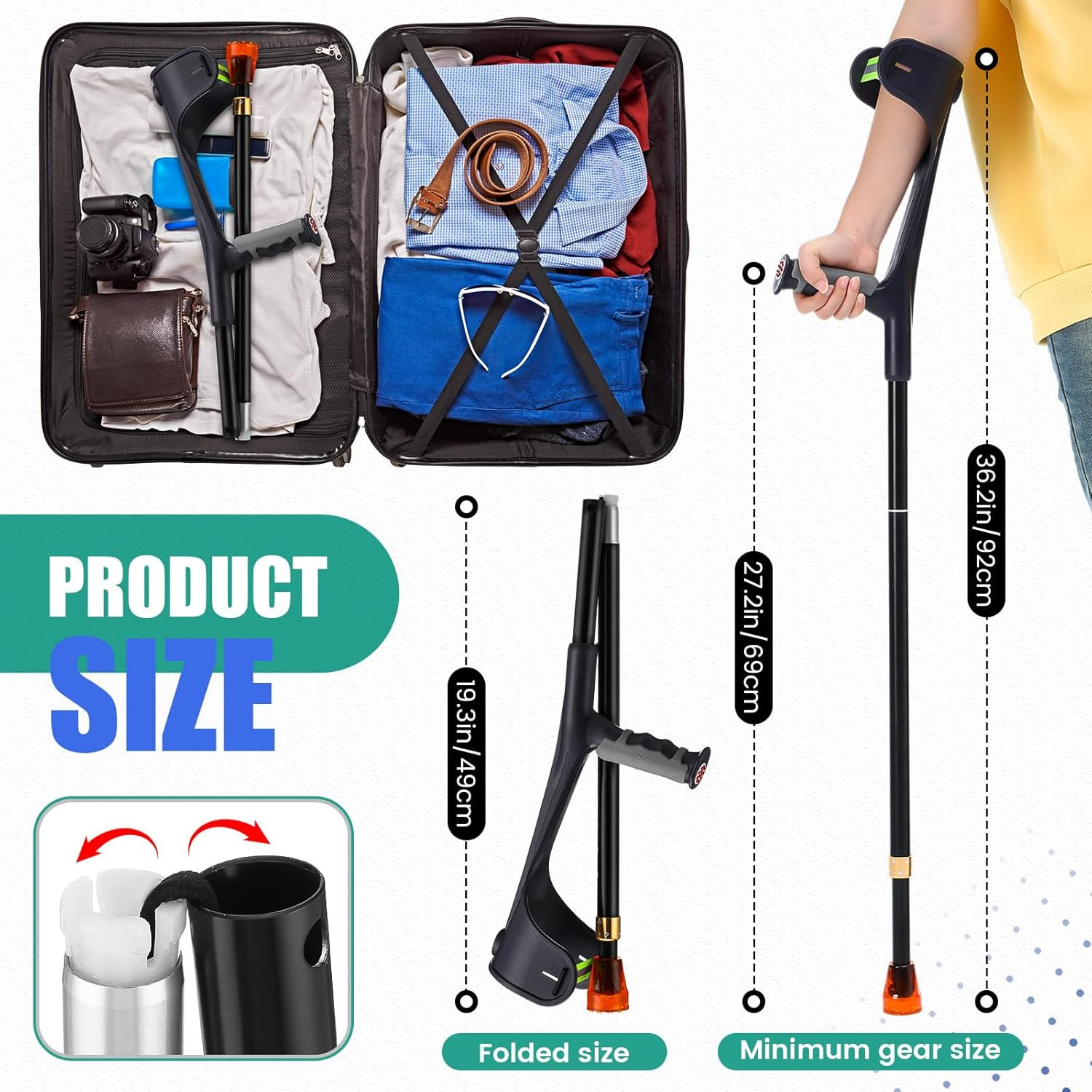 Lightweight Adjustable Forearm Crutches for Adults - 2 Pcs, Black