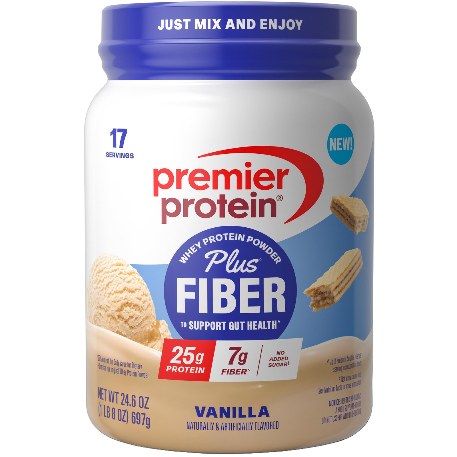 Powder Plus Fiber, Vanilla, 25g Protein, 7g Fiber to Gut Health, No Added Sug...