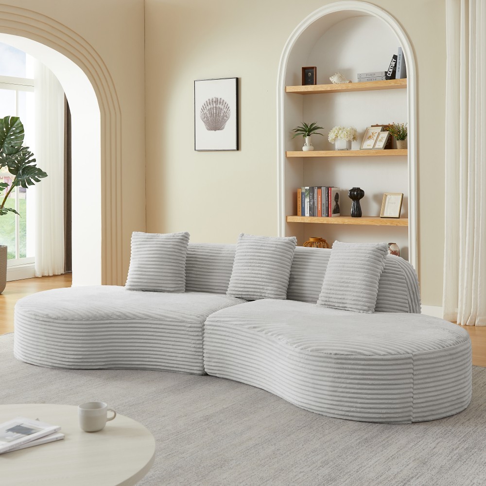 Corduroy Curved Sectional Sofa w/ Scatter Cushions, No Assembly, Light Grey