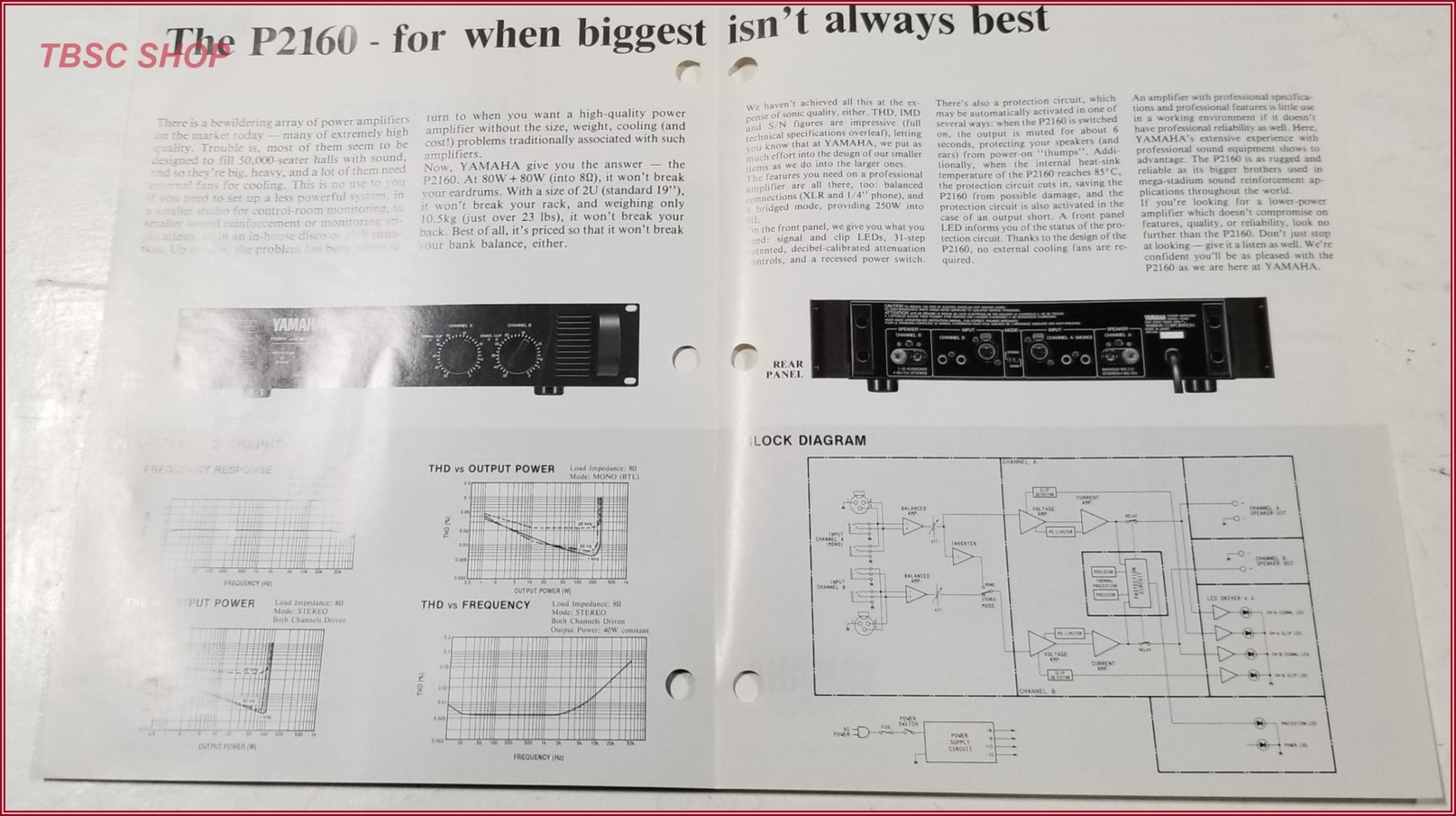 Yamaha P2160 Professional Power Amplifiers Original Dealer Sales Brochure