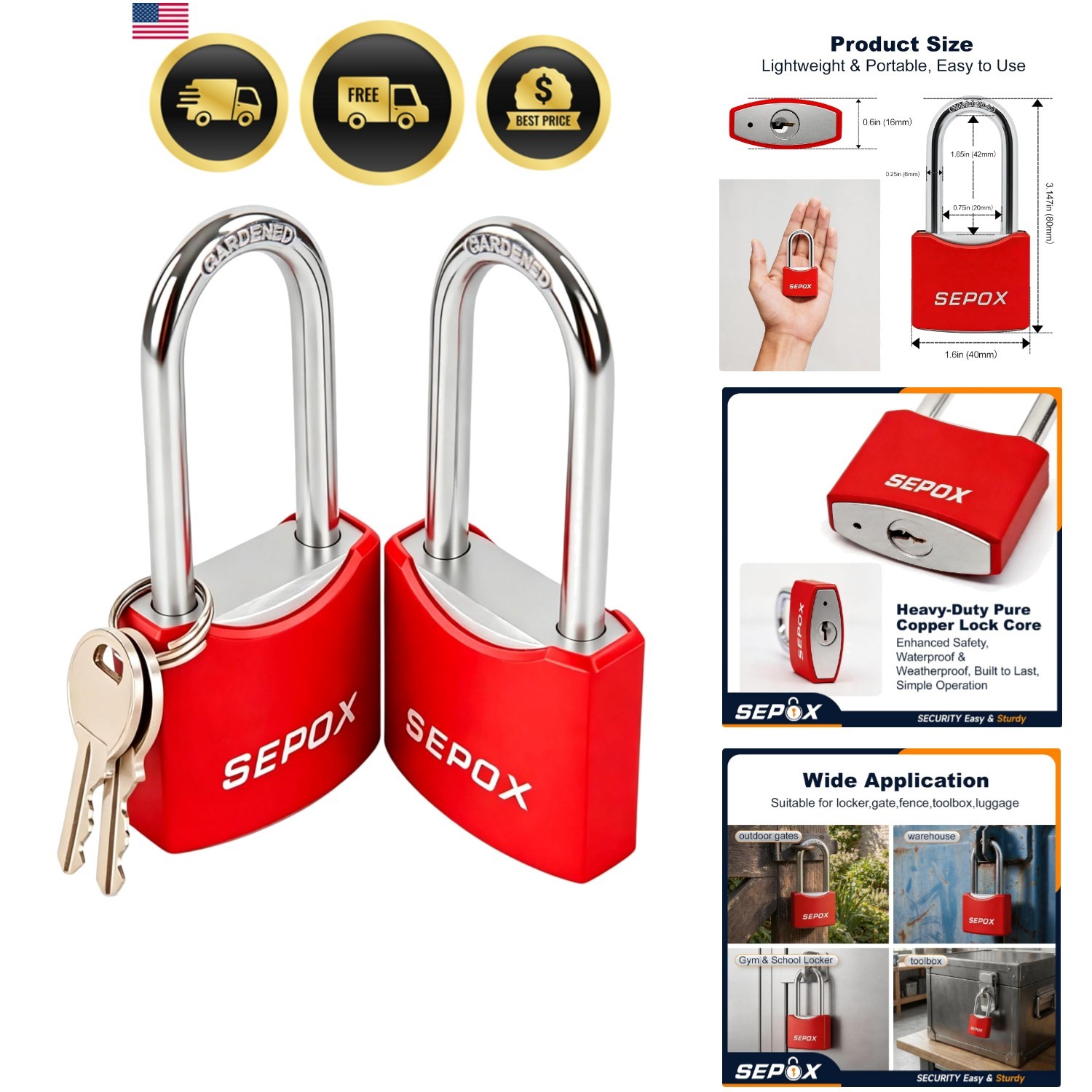 2-Pack Heavy Duty Outdoor Padlocks, Keyed Alike – 1-9/16" Solid Steel Body, 1...