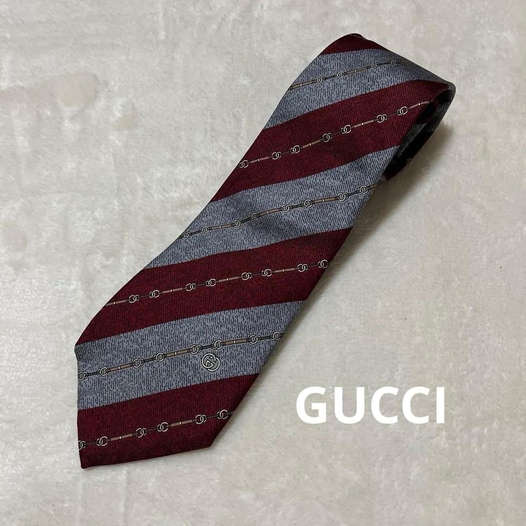 GUCCI Necktie Tie All over Striped pattern Used Made in Italy Gray 100% Silk