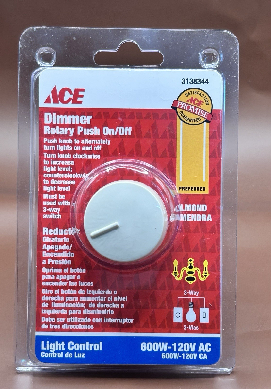 ACE Rotary Dimmer Rotary Push On/Off 600W 120V AC 3-Way Almond 3138344