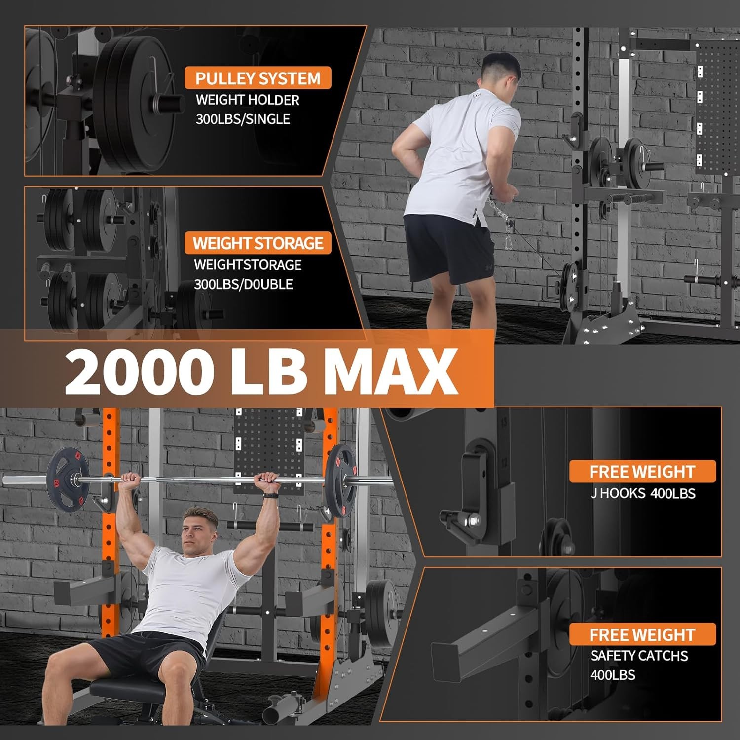 Power Rack with LAT Pulldown Dual Pulley System Squat Cage Home Gym 2000 lbs