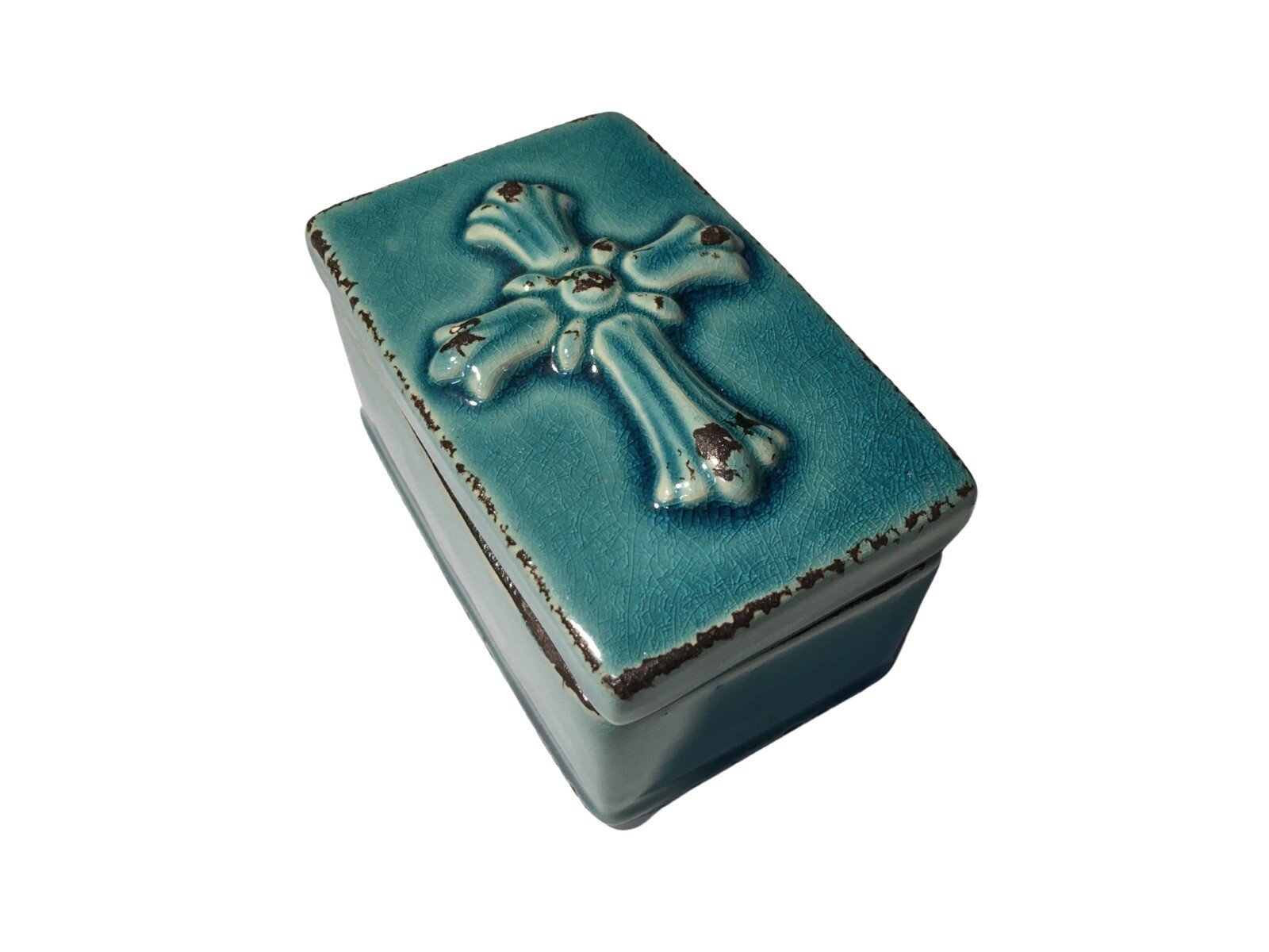Worn Turquoise Cross Ceramic Box by Stonebriar Collection 4.5 Inch x 2.75 Inch
