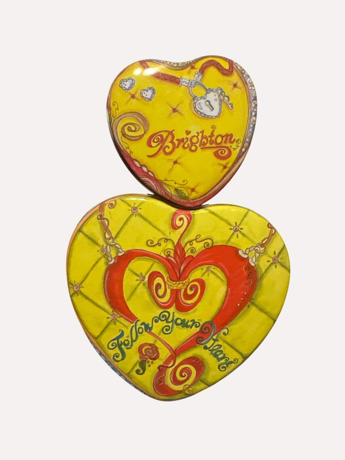 Brighton Heart-Shaped 2 Tin Boxes  Decorative Designs Yellow & Pink Metal