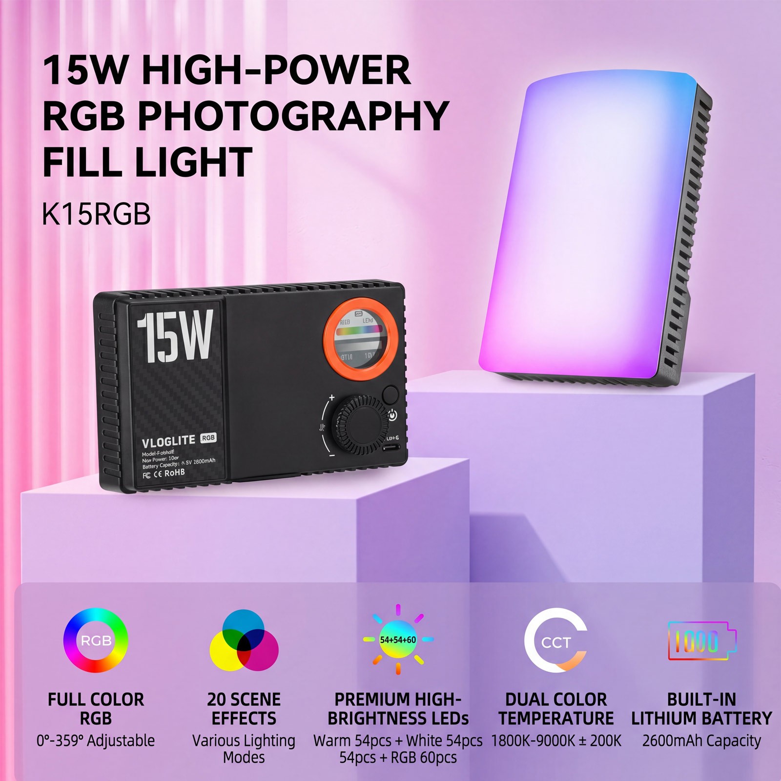 15W 9000K RGB Fill Light LED Video Photography Portable RGB DSLR Recording Live