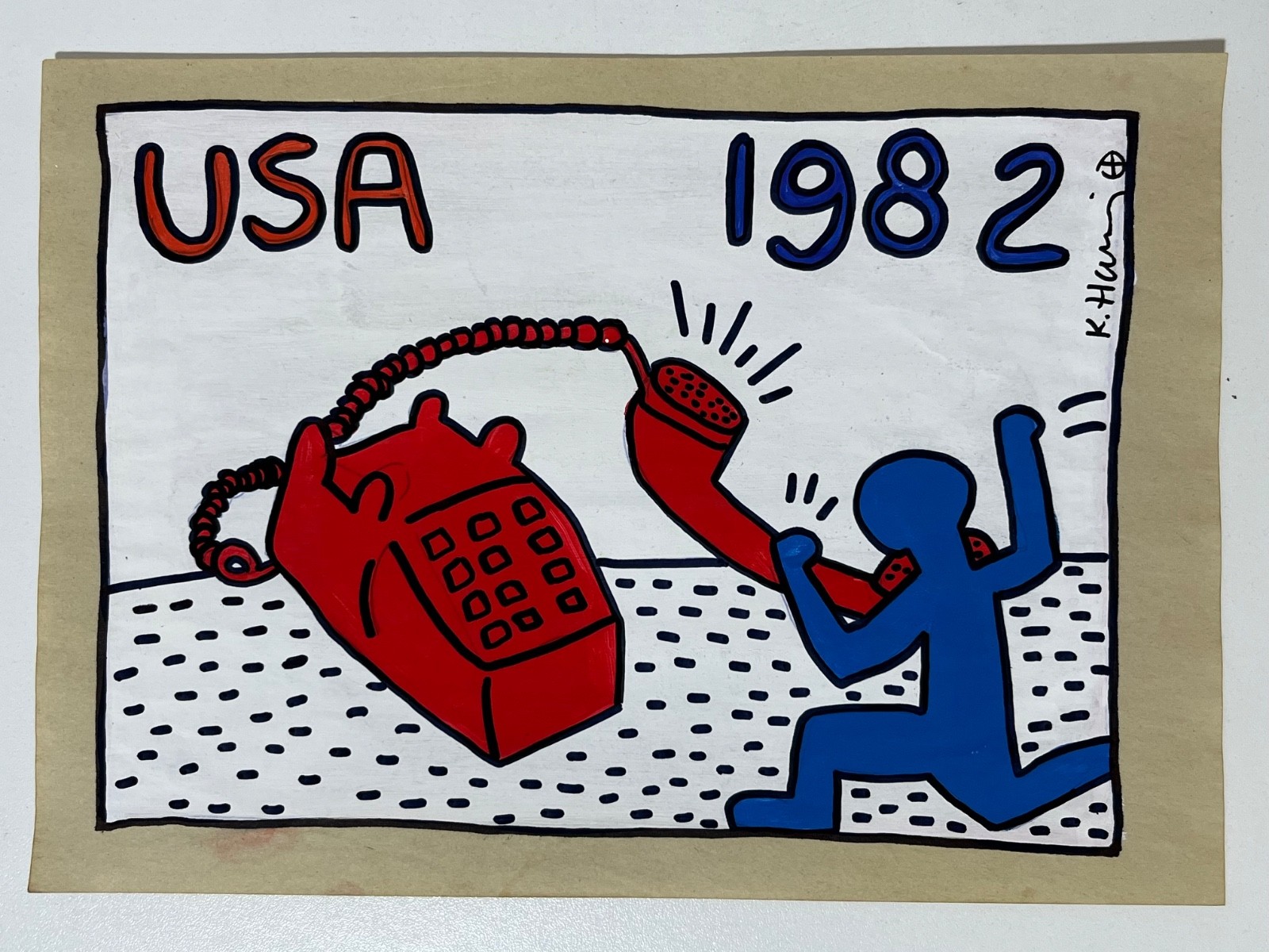 Keith Haring (Handmade) Mixed Media on Paper Painting signed and stamped