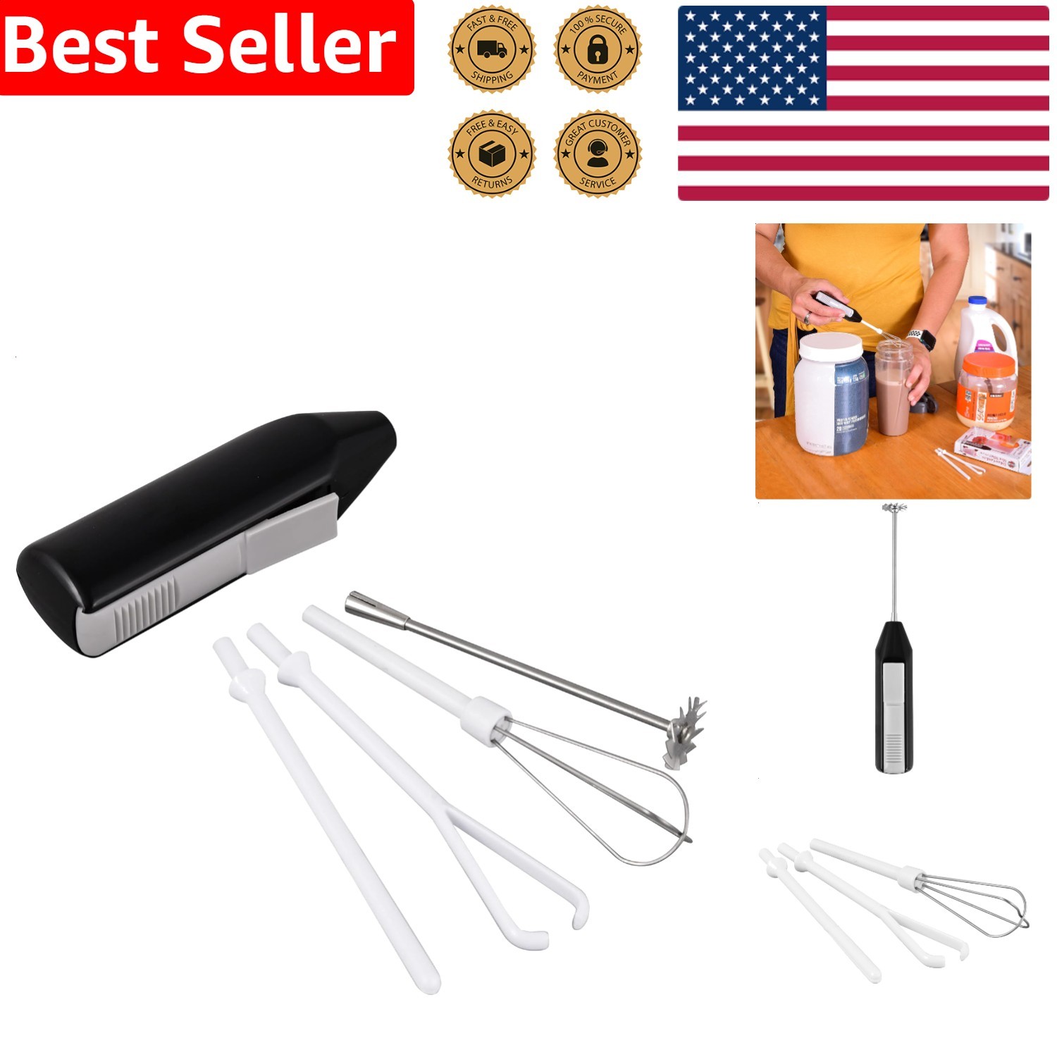 Black Portable Mini Hand Mixer 3 Speed Battery Powered Frother Blender