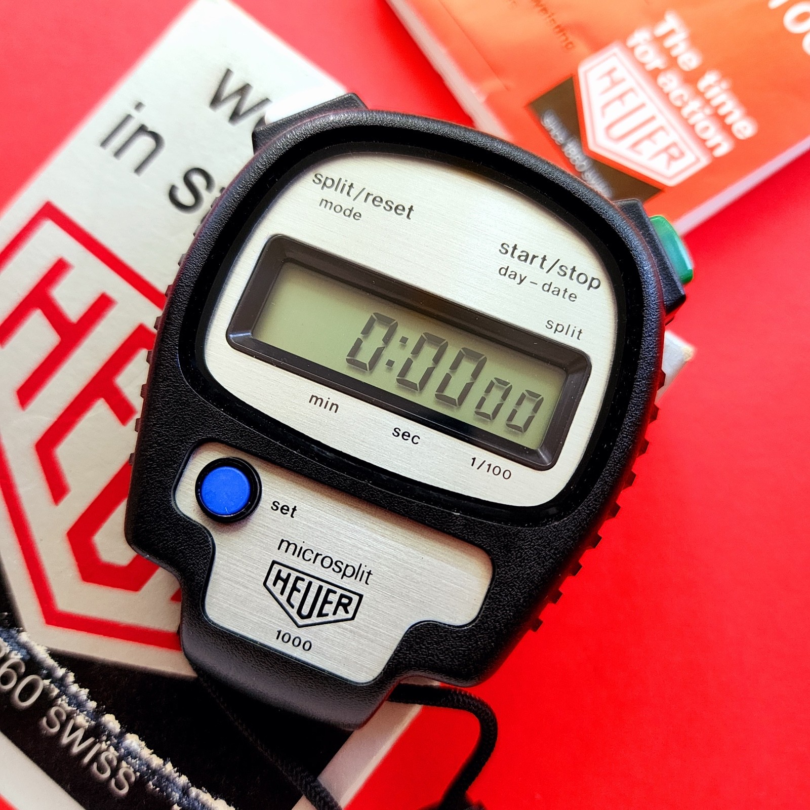 Heuer Stopwatch Microsplit 1000 Full Set With Lanyard Stop Watch Timer TAG
