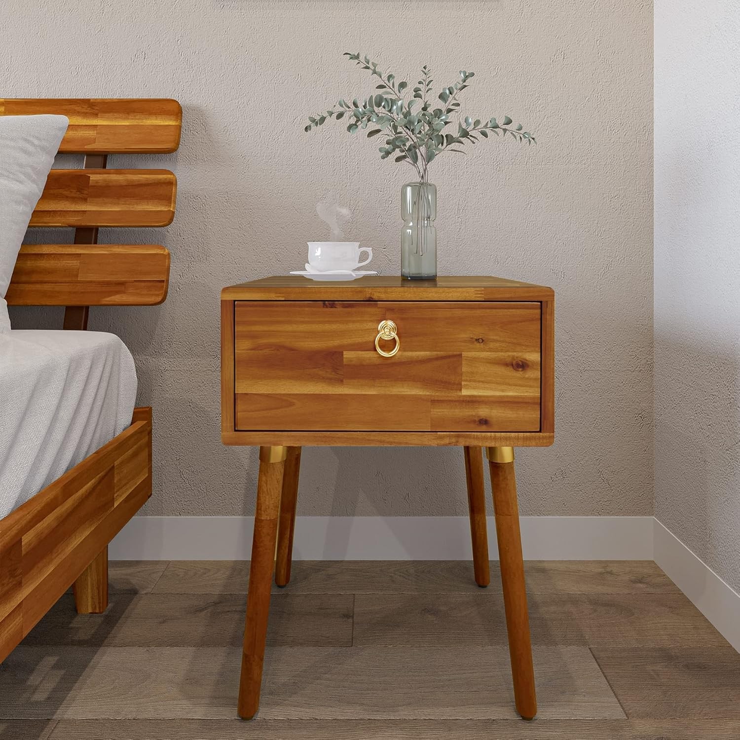 Bme Caden Solid Wood Nightstand/Side Table/End Table, Fully Assembled, with 1-Dr
