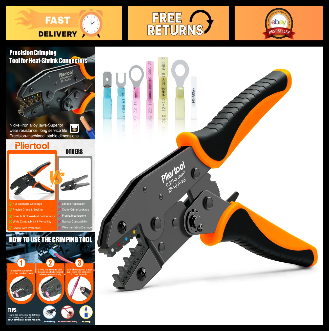 Ratcheting Crimping Tool for Heat Shrink Connectors AWG 26-10, Wire Terminal Pli